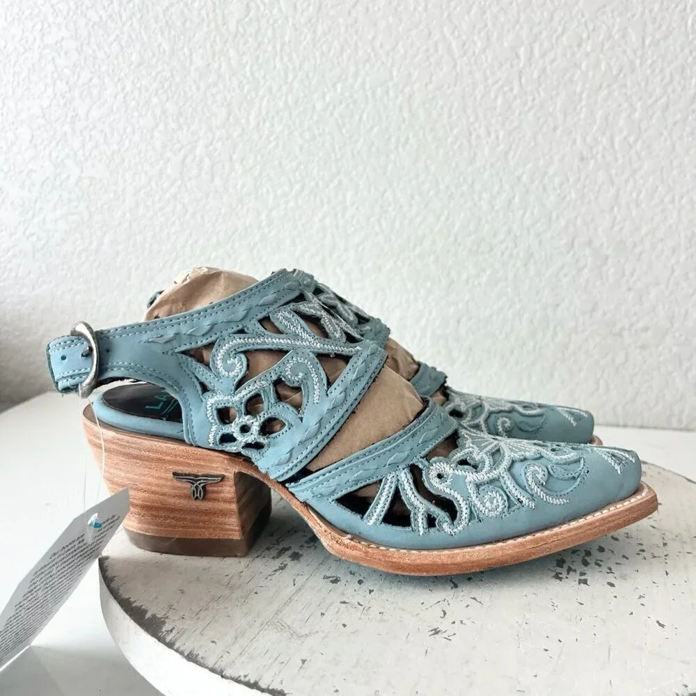 Lane Robin Slingback Mule Cowboy Boots Womens 5 Blue Cowgirl Western Short Ankle